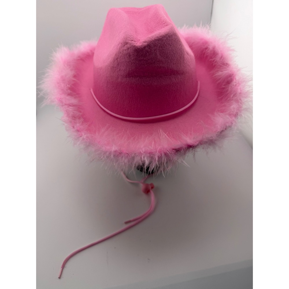 Pink Cowboy Hat with Faux Feather Trim‎ Western Bachelorette Party Festival Hat
